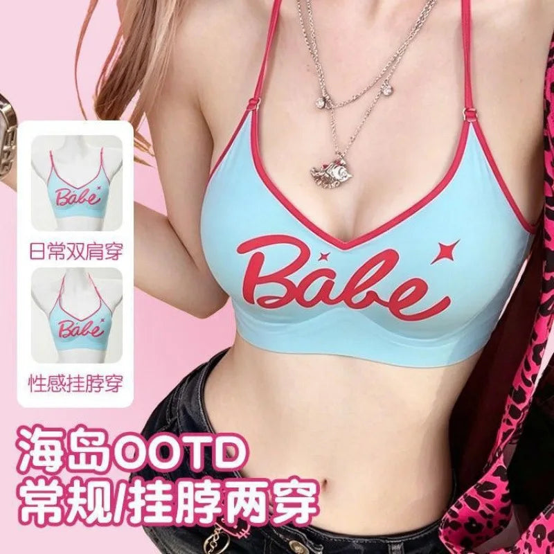 Women's Halter Neck Bra with Letter Print Seamless Crop Top Fixed Padded V-Neck Bralette Y2K Streetwear Lingerie