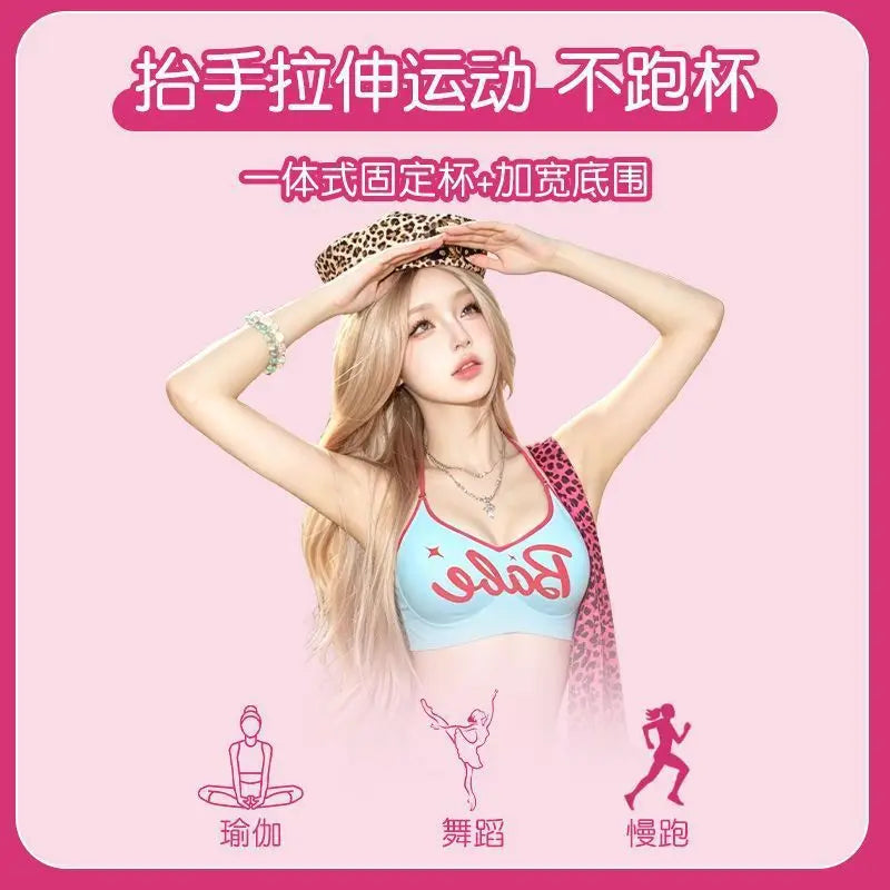 Women's Halter Neck Bra with Letter Print Seamless Crop Top Fixed Padded V-Neck Bralette Y2K Streetwear Lingerie